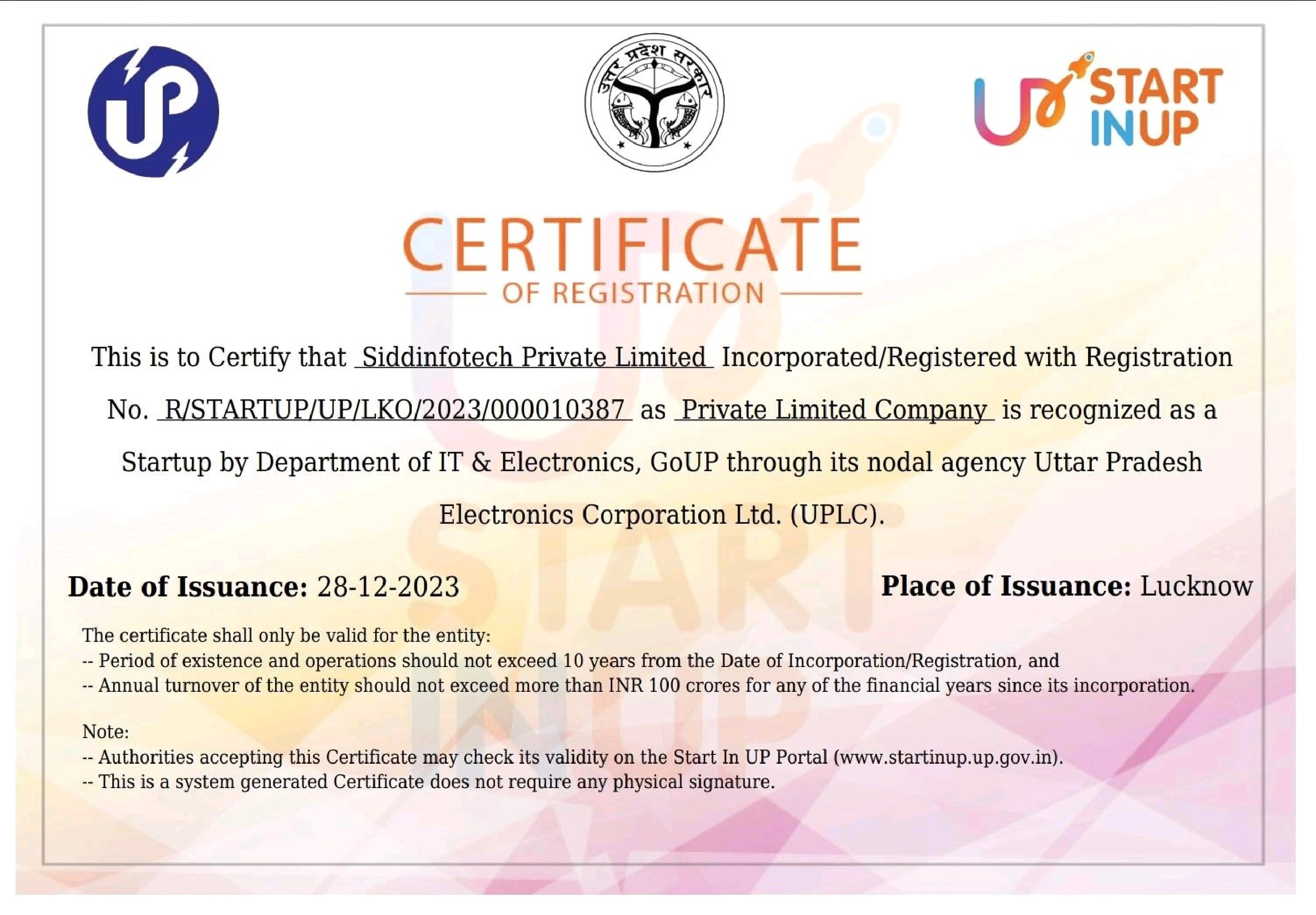 Start in UP Recognition Certificate